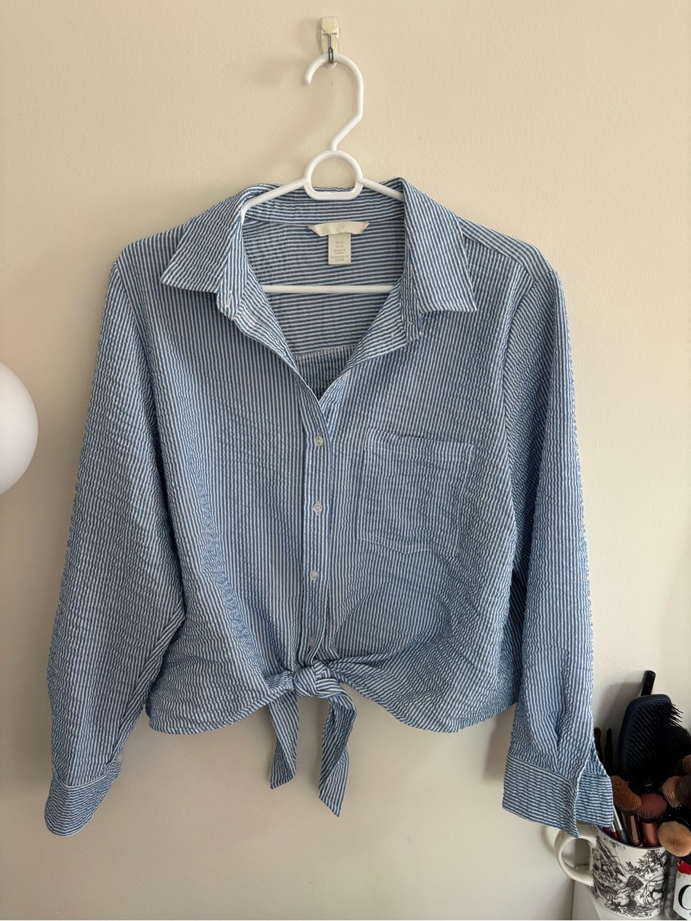 H&M Blue and White Striped Tie-Front Button-Down Shirt